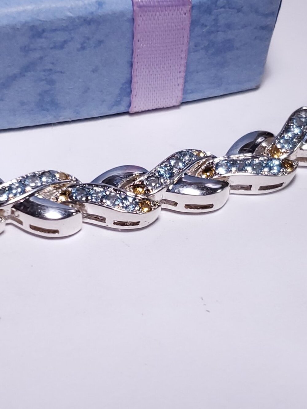 Estate 4.5ctw Natural Blue Topaz &Citrine Weaved Sterling Silver 8"Bracelet24810